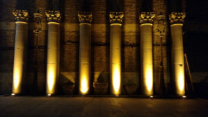 Uplights On The Columns At An Architectural Artifacts Wedding Websize Artifact Events