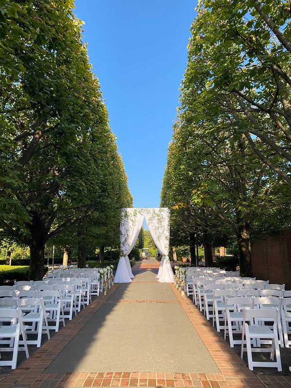 An Aisle, Chuppah Ceremony, White Florals, And White Chairs