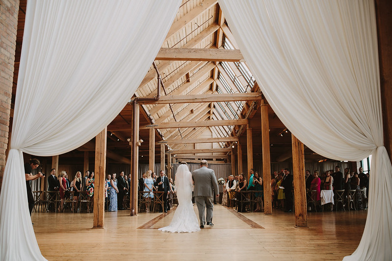 A White Entry Drape, Bride And Her Father Walking Down The Aisle