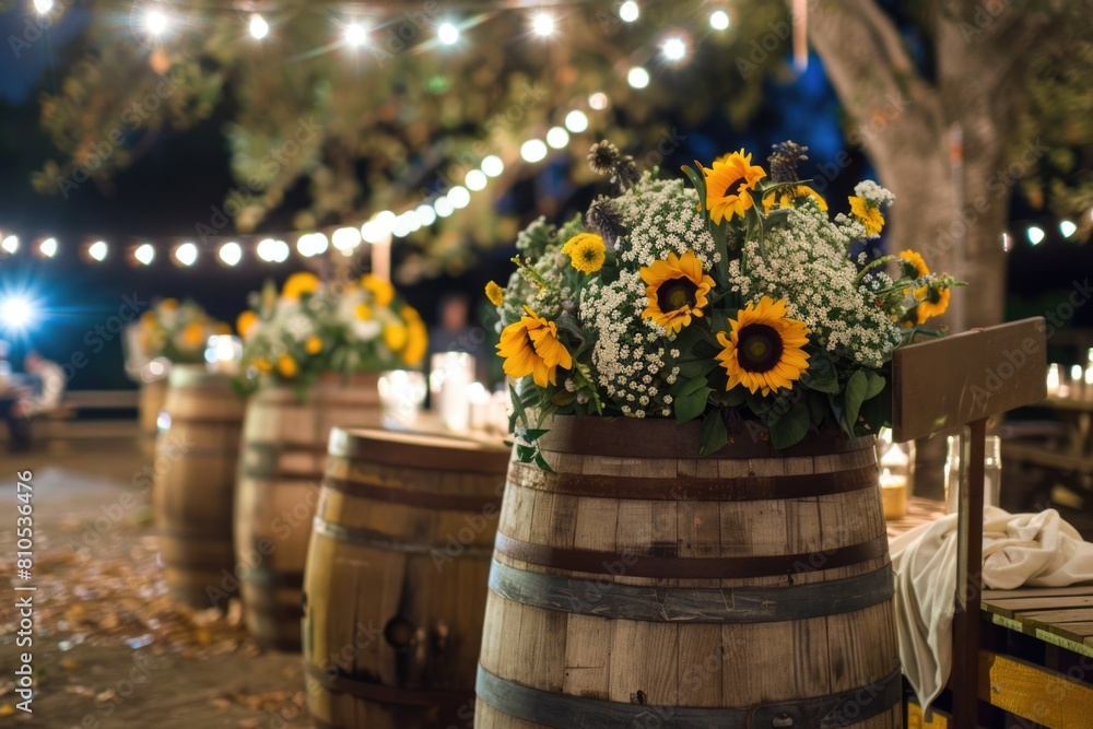 Barrels With Flowers And Greenery