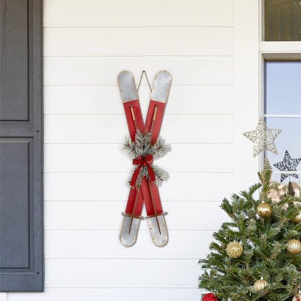 Red Wooden Christmas Ski Porch Decor