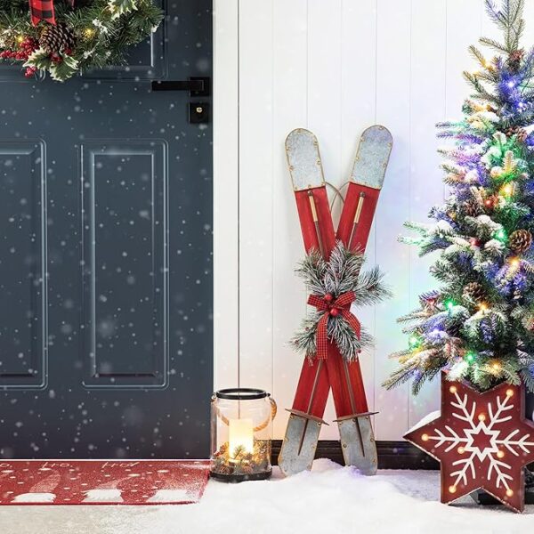 Red Wooden Christmas Ski Porch Decor