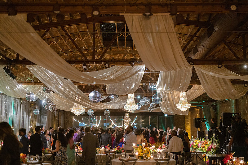 Mirror Balls With Valentina Chandeliers And Ceiling Draping