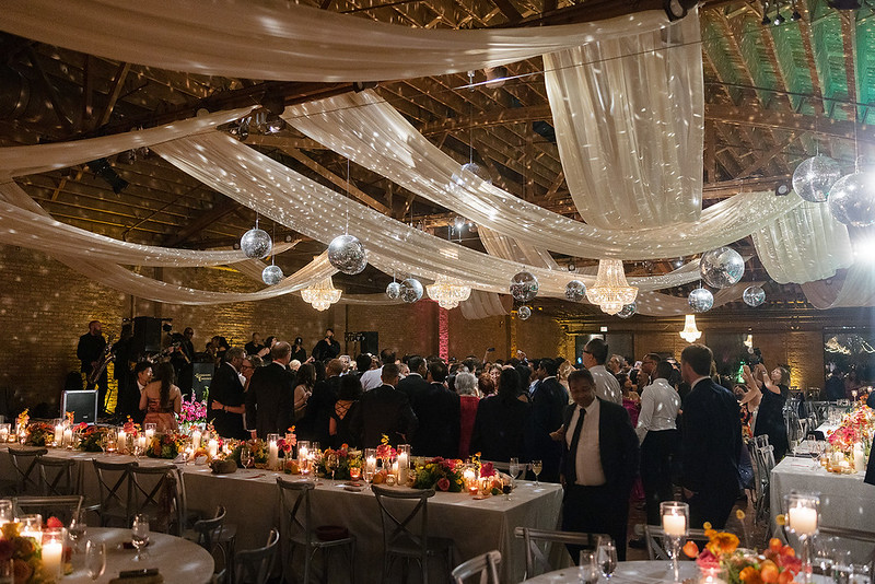 Mirror Balls With Valentina Chandeliers And Ceiling Draping