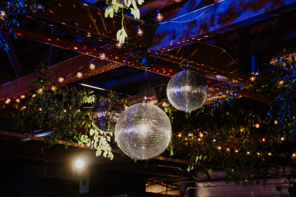 Mirror Balls / Disco Balls And String Lights As Jackie And Will'S Wedding Lighting