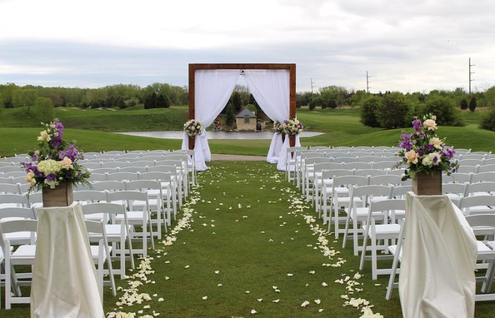 Barn Wood Wedding Canopy Structure With White Drape